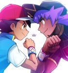  2boys ash_ketchum bangs baseball_cap black_hair blue_jacket bright_pupils brown_eyes champion_uniform clenched_hand closed_mouth commentary_request dark-skinned_male dark_skin dododo_dadada dynamax_band eye_contact face-to-face facial_hair hand_up hat jacket leon_(pokemon) long_hair looking_at_another male_focus multiple_boys pokemon pokemon_(anime) pokemon_swsh_(anime) purple_hair red_headwear shirt short_hair short_sleeves sleeveless sleeveless_jacket smile white_pupils yellow_eyes 