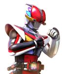  1boy armor belt black_bodysuit bodysuit climax_form compound_eyes den-o_belt helmet kamen_rider kamen_rider_den-o kamen_rider_den-o_(series) male_focus masukudo_(hamamoto_hikaru) red_bodysuit red_eyes rider_belt shoulder_armor solo standing tokusatsu upper_body 