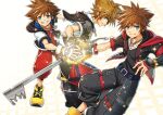  3boys belt black_gloves black_jacket black_pants black_shirt blue_belt bodysuit chain chain_necklace commentary crown_necklace english_commentary fingerless_gloves from_side gloves hands_on_another&#039;s_hands highres holding holding_weapon hood hood_down hooded_jacket jacket jewelry keyblade kingdom_hearts kingdom_hearts_i kingdom_hearts_ii kingdom_hearts_iii kingdom_key looking_at_viewer looking_to_the_side multiple_boys multiple_persona necklace open_clothes open_jacket pants puffy_short_sleeves puffy_sleeves red_bodysuit shirt sho_(sumika) short_sleeves sora_(kingdom_hearts) spiked_hair weapon white_gloves yellow_footwear zipper zipper_pull_tab 