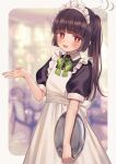  1girl :d apron black_dress black_hair blue_archive blunt_bangs blush border bow bowtie bright_pupils buttons collared_dress commentary_request dress frilled_apron frills green_bow green_bowtie grey_halo halo hand_up holding holding_tray indoors long_hair looking_at_viewer lulinco maid maid_apron maid_day miyu_(blue_archive) open_mouth ponytail red_eyes short_sleeves sidelocks signature small_sweatdrop smile solo standing tray twitter_username white_apron white_border white_pupils 
