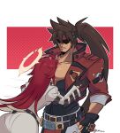 1boy 1girl aria_(guilty_gear) ass breast_smother breasts brown_hair cleavage face_to_breasts face_to_pecs gloves grabbing guilty_gear guilty_gear_strive halo highres hug jack-o&#039;_valentine large_pectorals long_hair multicolored_hair pectoral_grab pectorals ponytail red_hair role_reversal shaded_face smgold sol_badguy two-tone_hair upper_body very_long_hair 