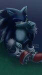  2018 anthro artist_name biped black_nose blue_body blue_fur clothing eulipotyphlan fluffy footwear full-length_portrait fur green_eyes hedgehog hi_res male mammal melancholic portrait rushklysolen sega shoes sitting solo sonic_the_hedgehog sonic_the_hedgehog_(series) sonic_the_werehog sonic_unleashed were wereeulipotyphlan werehog 