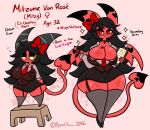  anthro big_breasts black_eyes bottomwear breasts clothing demon english_text female hi_res horn imp lewdchuu_(artist) mitzy_(lewdchuu) model_sheet red_body red_eyes shirt short_stack skirt solo spade_tail tail text thick_thighs topwear transformation 