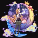  1girl black_gloves boots breasts brown_hair clock cloud crown earrings fox_shadow_puppet gloves hat highres jewelry konoe_kanata large_breasts long_hair love_live! love_live!_nijigasaki_high_school_idol_club marchen_star monowe moon night night_sky orange_hair purple_eyes purple_skirt sheep sitting_on_moon skirt sky solo star_(sky) star_(symbol) star_earrings striped striped_legwear thighhighs wavy_hair witch_hat 