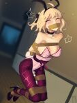  1girl ahoge bare_shoulders blonde_hair blush breasts cad_(caddo) cleavage fate/grand_order fate_(series) half_updo high_heels highres large_breasts leotard okita_souji_(fate) okita_souji_(koha-ace) pantyhose playboy_bunny restrained rope short_hair solo 