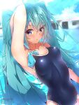  1girl ahoge arm_up artist_name bangs blue_eyes blue_hair blue_swimsuit blurry blurry_background blush breasts collarbone commentary day eyebrows_visible_through_hair hair_between_eyes halkawa501 hatsune_miku highres long_hair looking_at_viewer open_mouth outdoors school_swimsuit shiny shiny_hair small_breasts solo spaghetti_strap standing swim_cap swim_cap_removed swimsuit twintails very_long_hair vocaloid watermark 