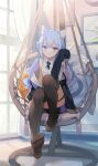  1girl animal_ear_fluff animal_ears black_jacket black_thighhighs cat_ears cat_tail chair commentary_request feet harune_noru highres indie_virtual_youtuber jacket long_hair looking_at_viewer no_shoes off_shoulder purple_eyes purple_hair shirt smile solo tail thighhighs tym_taro virtual_youtuber white_shirt window 