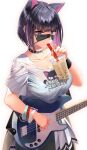  1girl animal_ears bass_guitar black_choker black_hair black_mask blue_archive bra_visible_through_clothes bracelet breasts bubble_tea cat_ears choker cleavage collarbone colored_inner_hair cup disposable_cup drinking extra_ears highres instrument jewelry kawai_(purplrpouni) kazusa_(band)_(blue_archive) kazusa_(blue_archive) logo looking_at_viewer mask mask_lift medium_breasts mouth_mask multicolored_hair official_alternate_costume pink_hair pleated_skirt print_shirt shirt short_hair short_sleeves simple_background skirt solo sweat sweaty_clothes two-tone_hair white_background white_shirt white_skirt wristband 