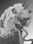  2girls against_wall aqua_eyes arknights ascot dragon_girl dragon_horns dress eblana_(arknights) greyscale hand_on_another&#039;s_head hand_on_another&#039;s_thigh highres horns jacket long_hair long_sleeves medium_hair monochrome mozi9180 multiple_girls see-through see-through_jacket shirt simple_background sitting sitting_on_lap sitting_on_person smile spot_color talulah_(arknights) thighhighs very_long_hair yellow_eyes yuri 