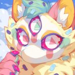  1:1 absurd_res ambiguous_gender anthro blue_hair blue_pawpads blue_sky bust_portrait cloud corzh77 fur hair hi_res inner_ear_fluff looking_at_viewer mouthless outside pawpads pink_body pink_ears pink_fur pink_pupils pink_sclera portrait pupils sky solo species_request tuft unusual_pupils white_eyes white_inner_ear_fluff yellow_body yellow_fur yellow_inner_ear 