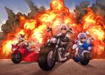  4girls ahoge animal_ears blonde_hair blue_clapper blue_hair bottle crossed_arms explosion fox_ears goggles grey_hair ground_vehicle hat hololive jester_cap lion_ears long_hair marugoshi_(54burger) momosuzu_nene motor_vehicle motorcycle multiple_girls nepolabo omaru_polka pointy_ears riding shishiro_botan sidecar sunglasses virtual_youtuber yukihana_lamy 