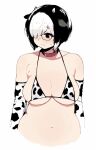  1girl animal_ears animal_print bangs black-framed_eyewear blush breasts character_request cleavage closed_mouth collar copyright_request cow_print cropped_arms cropped_torso detached_sleeves dot_nose eyebrows_visible_through_hair furrowed_brow glasses hair_over_one_eye highres horns looking_to_the_side medium_hair moru_(monaka) multicolored_hair navel no_nose red_neckwear shadow solo split_mouth straight_hair string_bikini sweatdrop two-tone_hair upper_body white_background 