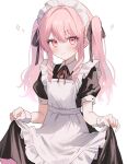  1girl :3 apron black_dress blush closed_mouth commentary cowboy_shot dress frilled_apron frills gem_(symbol) hair_between_eyes haruta_333_x highres long_hair looking_at_viewer maid maid_day maid_headdress neck_ribbon original pink_eyes pink_hair puffy_short_sleeves puffy_sleeves red_ribbon ribbon short_sleeves sidelocks simple_background skirt_hold smile solo twintails white_apron white_background white_wrist_cuffs wrist_cuffs 
