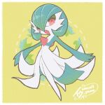  artist_name bob_cut colored_skin dress gardevoir green_hair highres iuncco13_pkmn looking_at_viewer multicolored_skin open_mouth pink_eyes pokemon pokemon_(creature) simple_background two-tone_skin white_dress white_skin 