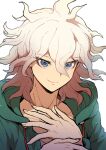  1boy absurdres closed_mouth collarbone danganronpa_(series) danganronpa_2:_goodbye_despair green_eyes green_jacket grey_hair hair_between_eyes hands_up highres hood hood_down hooded_jacket jacket komaeda_nagito male_focus messy_hair smile solo white_background youko-shima 