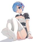 1girl :/ babywipes blue_eyes blue_hair breasts commentary english_commentary feet foot_focus full_body garter_straps hair_ornament hair_over_one_eye highres knees_to_chest large_breasts looking_at_viewer maid maid_headdress no_shoes pink_ribbon puffy_short_sleeves puffy_sleeves re:zero_kara_hajimeru_isekai_seikatsu rem_(re:zero) ribbon roswaal_mansion_maid_uniform short_sleeves sitting solo thighhighs white_thighhighs x_hair_ornament 