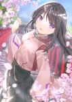 1girl absurdres black_hair black_skirt blurry blurry_background cherry_blossoms day detached_sleeves hair_ornament hairclip hand_up heaven_burns_red highres nikaidou_misato outdoors purple_eyes skirt solo standing tsumugi-t wide_sleeves 
