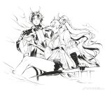  1boy 1girl absurdres antlers arknights arm_wrap braid braided_ponytail brother_and_sister chong_yue_(arknights) dragon_boy dragon_girl dragon_horns feet_out_of_frame floating_hair greyscale hand_up high_ponytail highres holding horns ldty ling_(arknights) long_hair looking_at_another monochrome parted_lips pointy_ears siblings simple_background sitting thigh_strap very_long_hair weibo_watermark white_background wind 