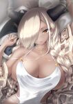  1girl azur_lane black_horns blonde_hair braid breasts cleavage dark-skinned_female dark_skin hair_over_one_eye highres horn_ornament horns jewelry large_breasts large_horns long_hair looking_at_viewer low_twin_braids lying mimelex mole mole_under_mouth official_alternate_costume on_back one-piece_swimsuit owari_(azur_lane) owari_(shimmering_forsythia)_(azur_lane) solo swimsuit twin_braids upper_body very_long_hair white_nails white_one-piece_swimsuit yellow_eyes 