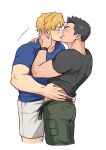  2boys absurdres bara belt black_hair blonde_hair blue_shirt blush cargo_pants closed_eyes commentary cropped_legs facial_hair grey_shirt hand_on_another&#039;s_neck hand_on_another&#039;s_waist highres kiss male_focus multiple_boys muscular muscular_male pants shirt short_hair short_sleeves shorts sideburns_stubble simple_background stubble symbol-only_commentary unzipped wasted_m9 watch white_background white_shorts wristwatch 
