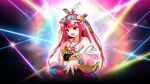  1girl bare_shoulders beatmania_iidx breasts eyewear_on_head goli_matsumoto hair_ornament headphones highres long_hair non-web_source official_art pink_eyes pink_hair rabbit_hair_ornament record sidelocks small_breasts smile solo teeth umegiri_ameto upper_teeth_only 