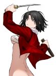  ass black_hair bottomless breasts butt_crack egomeshi fighting_stance fur_trim grey_eyes highres holding holding_weapon jacket kara_no_kyoukai knife looking_at_viewer medium_hair red_jacket ryougi_shiki sarashi weapon white_background 