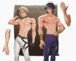  2boys abs aventurine_(honkai:_star_rail) black_gloves blonde_hair blue_hair collar dr._ratio_(honkai:_star_rail) earrings gloves honkai:_star_rail honkai_(series) jewelry male_focus multiple_boys muscular muscular_male navel nipples pants pinfuyu scar scar_on_arm short_hair thigh_strap topless_male 