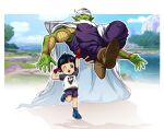  1boy 1girl arm_up black_eyes black_hair black_shorts blush_stickers cape carrying child colored_skin dougi dragon_ball dragon_ball_super dragon_ball_super_super_hero fingerless_gloves flexing full_body gloves green_skin highres lake nature one_eye_closed outdoors pan_(dragon_ball) pants pea-bean piccolo piccolo_day pointy_ears purple_pants purple_shirt red_gloves shirt shorts tree white_cape white_shirt 