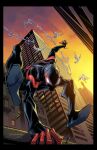  1boy black_border bodysuit border building cloud cloudy_sky commentary english_commentary gloves highres kharyrandolph male_focus marvel mask outdoors scenery sky skyscraper solo spider-man spider-man_(series) sunset superhero_costume western_comics_(style) 
