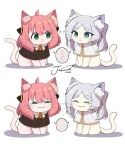  ... 2girls :3 absurdres ahoge animal_ear_fluff animalization anya&#039;s_heh_face_(meme) anya_(spy_x_family) capelet cat commentary eyelashes frieren gold_trim green_eyes grey_hair highres j_humbo meme multiple_girls pink_hair shared_speech_bubble signature simple_background sousou_no_frieren sparkle speech_bubble spoken_ellipsis spy_x_family tail tanezaki_atsumi voice_actor_connection whiskers white_background white_capelet 