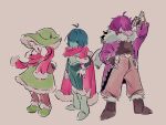  1boy 1girl 1other armor black_gloves blue_skin blush bodysuit boots bracelet cape colored_skin deltarune fingerless_gloves fur-trimmed_jacket fur_trim furry g_c_hori glasses gloves green_footwear green_hat hair_over_eyes hand_on_own_hip hat heart_belt highres holding holding_weapon jacket jewelry kris_(deltarune) messy_hair pink_cape pink_scarf pink_skin purple_hair purple_jacket ralsei scarf sharp_teeth spiked_bracelet spikes susie_(deltarune) teeth weapon white_background white_gloves 