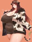  absurd_res animal_humanoid animal_print big_breasts black_clothing black_ears black_shirt black_topwear blush bodily_fluids bottomwear bovid bovid_humanoid bovine bovine_humanoid breasts cattle_humanoid cleavage clothed clothing cow_print cum female genital_fluids half-closed_eyes hi_res horn huge_breasts humanoid looking_at_viewer mammal mammal_humanoid markings mil_k_vanilla mole_(marking) mole_under_mouth narrowed_eyes orange_background overweight overweight_female shirt shorts simple_background solo steam sweat topwear transformation 