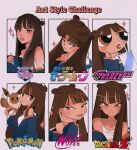  1990s_(style) 1girl annoyed ariana_grande bishoujo_senshi_sailor_moon blue_jacket blue_nails breasts brown_hair cartoonized cleavage collarbone commentary dark-skinned_female dark_skin double_bun dragon_ball dragon_ball_z drinking eevee expressionless fingernails frown hair_bun hand_on_own_cheek hand_on_own_face heart highres holding holding_poke_ball iginio_straffi_(style) jacket logo long_fingernails long_hair looking_at_viewer multiple_style_parody off_shoulder one_eye_closed parody parted_lips pink_background poke_ball pokemon pokemon_(creature) powerpuff_girls real_life retro_artstyle smile sparkle style_parody sugimori_ken_(style) symbol-only_commentary takeuchi_naoko_(style) tank_top toon_(style) toriyama_akira_(style) white_tank_top winx_club yulia_(angelcry.3) 