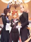  3girls :o admire_vega_(umamusume) animal_ears arm_behind_back asymmetrical_bangs black_jacket black_pants blonde_hair brooch brown_hair butler champagne_flute chandelier collared_shirt cross_tie cup drinking_glass feet_out_of_frame female_butler gloves hand_on_own_chest highres holding holding_tray horse_ears horse_girl horse_tail indoors jacket jewelry long_hair long_sleeves looking_at_viewer low_ponytail multiple_girls nanaheibei_3 narita_top_road_(umamusume) open_clothes open_jacket open_mouth orange_hair orange_tail pants purple_eyes shirt short_hair sideways_mouth smile standing t.m._opera_o_(umamusume) tail tail_through_clothes tailcoat towel tray umamusume vest white_gloves white_shirt yellow_eyes 