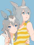  2girls ahoge animal_ears blue_background blue_eyes collarbone fang grey_hair hand_on_another&#039;s_head hand_on_another&#039;s_waist highres horse_ears long_hair multiple_girls oguri_cap_(umamusume) rongai_rongai shirt short_hair signature simple_background striped_clothes striped_shirt t-shirt tamamo_cross_(umamusume) tank_top umamusume upper_body v 