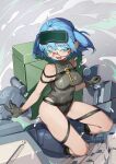  1girl absurdres ahoge backpack bag bespectacled blue_hair breasts eyewear_on_head glasses gloves hair_bobbles hair_ornament highres kawashiro_nitori key looking_at_viewer mechanical_arms open_mouth red_eyes school_swimsuit semi-rimless_eyewear solo swimsuit touhou twintails two_side_up yazato_ichimushi 