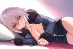  bed bee_doushi bra breasts cleavage fate/grand_order fate_(series) gray_hair jeanne_d&#039;arc_(fate) jeanne_d&#039;arc_alter necklace panties underwear yellow_eyes 