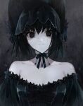  1girl absurdres bare_shoulders black_eyes black_hair bonnet breasts choker dress highres kino_kokko kuonji_alice looking_at_viewer mahou_tsukai_no_yoru medium_breasts short_hair smile solo 