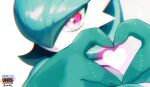  artist_name colored_skin gardevoir green_hair hair_over_one_eye heart heart_hands looking_at_viewer multicolored_skin pink_eyes pokemon pokemon_(creature) pokemon_unite simple_background smile suahh two-tone_skin white_background white_skin 