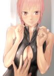 1girl bare_arms bare_shoulders black_swimsuit blush breast_squeeze breasts brown_eyes closed_mouth competition_swimsuit finger_between_breasts front_zipper_swimsuit hands_up highres kilye_kairi large_breasts looking_at_viewer meme_attire one-piece_swimsuit original pink_eyes pink_hair pov pov_hands short_hair solo_focus swimsuit upper_body 