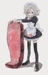  1boy 4sssst androgynous apron black_eyes black_thighhighs dungeon_meshi food full_body highres maid maid_apron maid_headdress male_focus meat mithrun otoko_no_ko short_hair simple_background solo thighhighs white_background white_hair 