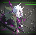  1boy arm_support bangs blood blood_on_clothes blood_on_weapon brown_pants chain collarbone danganronpa_(series) danganronpa_2:_goodbye_despair english_commentary eyebrows_visible_through_hair from_above green_jacket hair_between_eyes holding impaled jacket komaeda_nagito long_sleeves looking_at_viewer looking_up male_focus messy_hair off_shoulder pants pink_blood rope shirt smile solo weapon white_hair white_shirt wire yandr4hope 