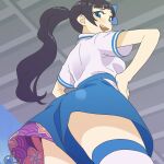  1girl aoi_ch. ass backboob black_hair blue_eyes blue_shorts blush breasts cowboy_shot embarrassed from_behind from_below fuji_aoi furrowed_brow hands_on_own_hips highres hip_vent long_hair looking_at_viewer looking_back looking_down magari_(c0rn3r) open_mouth ponytail shirt short_sleeves shorts smile solo standing thighhighs upshorts virtual_youtuber white_shirt white_thighhighs 