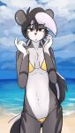  2024 absurd_res anthro beach bikini clothing female fur gold_bikini hair hi_res hyena looking_at_viewer mammal multicolored_body observerdoz outside piercing red_eyes sand seaside sky solo stigmata_(observerdoz) swimwear tail 