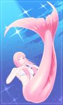  1girl absurdres bikini bikini_top_only breasts commentary_request fins full_body heart heart_hands highres kiria021 large_breasts long_hair looking_at_viewer mermaid monster_girl one_eye_closed original pink_eyes pink_hair smile solo sparkle swimsuit underwater white_bikini 