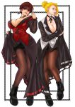  2girls blonde_hair boots breasts brown_hair brown_legwear choker cleavage commentary_request earrings hair_bun highres jewelry legwear_under_shorts looking_at_viewer mature_(kof) multiple_girls pantyhose pixie_cut short_hair shorts sk_(sk-g) the_king_of_fighters updo vice_(kof) 