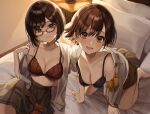  2girls bed bra brown_eyes brown_hair fang glasses green_eyes honda_mio idolmaster idolmaster_cinderella_girls kudou_(sikisiki0000) maekawa_miku open_shirt short_hair skirt underwear 