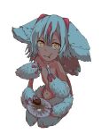  1girl animal_ears blinking cake chewing eating faputa food hair_between_eyes holding holding_food holding_plate holding_spoon long_bangs made_in_abyss monster_girl navel plate sitting spoon topless transparent_background webp-to-png_conversion white_hair yellow_eyes 
