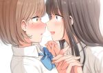  2girls after_kiss betock black_hair blush brown_hair commentary_request eye_contact highres long_hair looking_at_another mole mole_under_eye multiple_girls open_mouth original purple_eyes saliva saliva_trail short_hair simple_background smile tears white_background yellow_eyes 