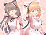  2girls :3 ;d absurdres animal_ears apron aqua_eyes arm_at_side arm_up black_ribbon blush breasts brown_hair cat_ears cat_tail commentary cosplay crossed_bangs dress ear_bell fake_animal_ears fake_tail fujishima_megumi fujishima_megumi_(cosplay) hands_up heart heart_tail heart_tail_duo highres hinoshita_kaho link!_like!_love_live! long_hair looking_at_viewer love_live! m&#039;s_one_day_(love_live!) maid_apron maid_day maid_headdress medium_breasts medium_hair multiple_girls neck_ribbon one_eye_closed open_mouth orange_hair outline paw_pose pink_dress pink_wrist_cuffs purple_eyes ribbon smile tail two_side_up virtual_youtuber white_apron white_outline white_ribbon wrist_cuffs yutuki_ame 